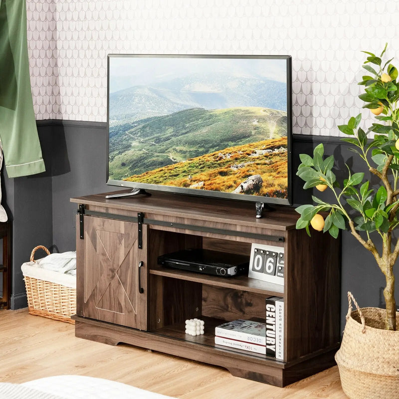 Sliding Barn Door TV Stand with Adjustable Shelf Cabinet-Dark Walnut by DirectDeals