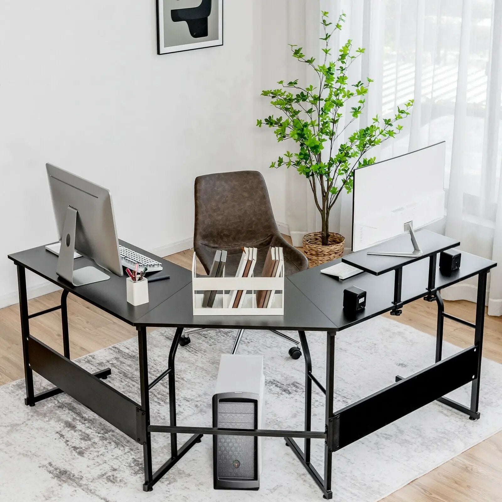 88.5 Inch L Shaped Reversible Computer Desk Table with Monitor Stand by DirectDeals