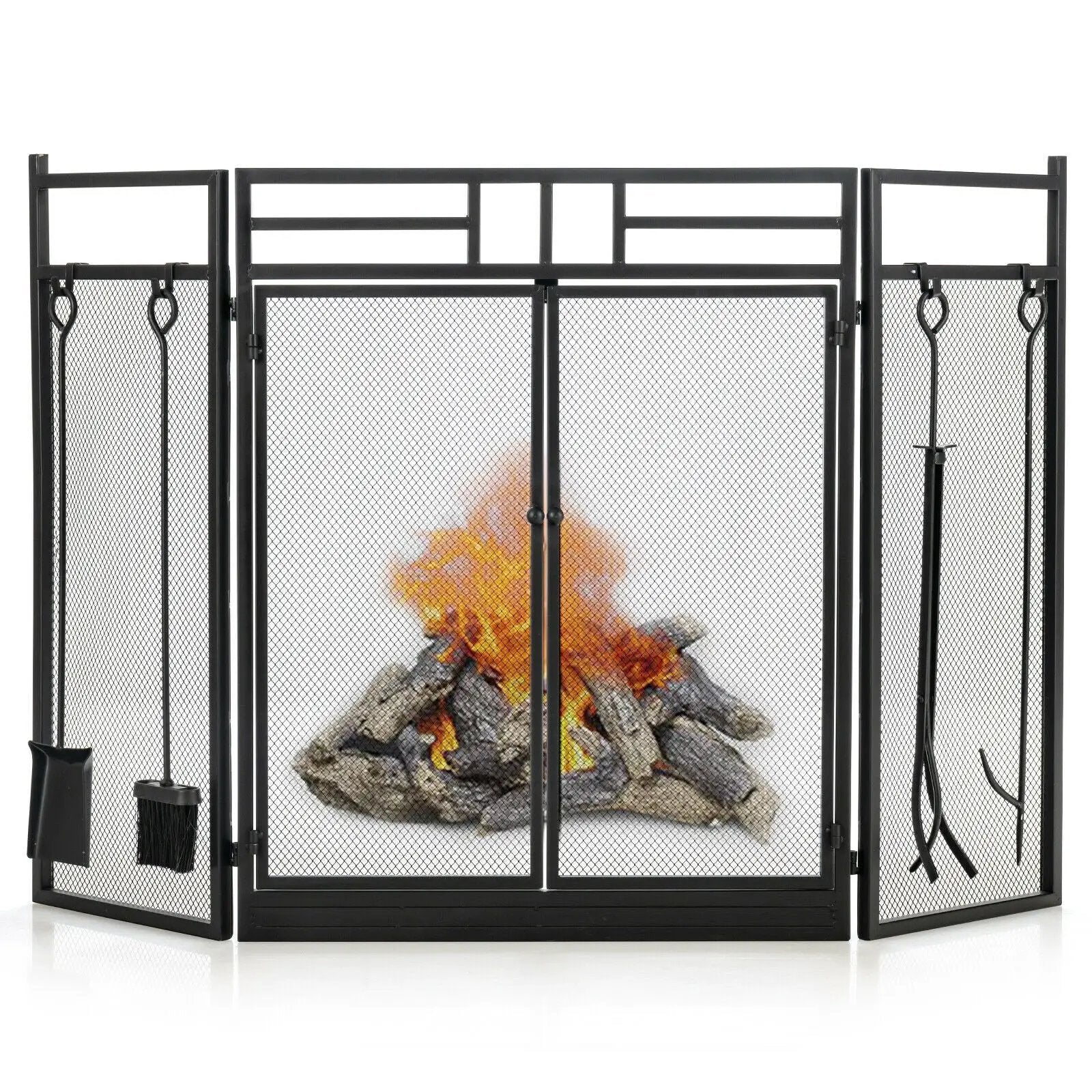 3-Panel Folding Wrought Iron Fireplace Screen with Doors and 4 Pieces Tools Set-Black by DirectDeals