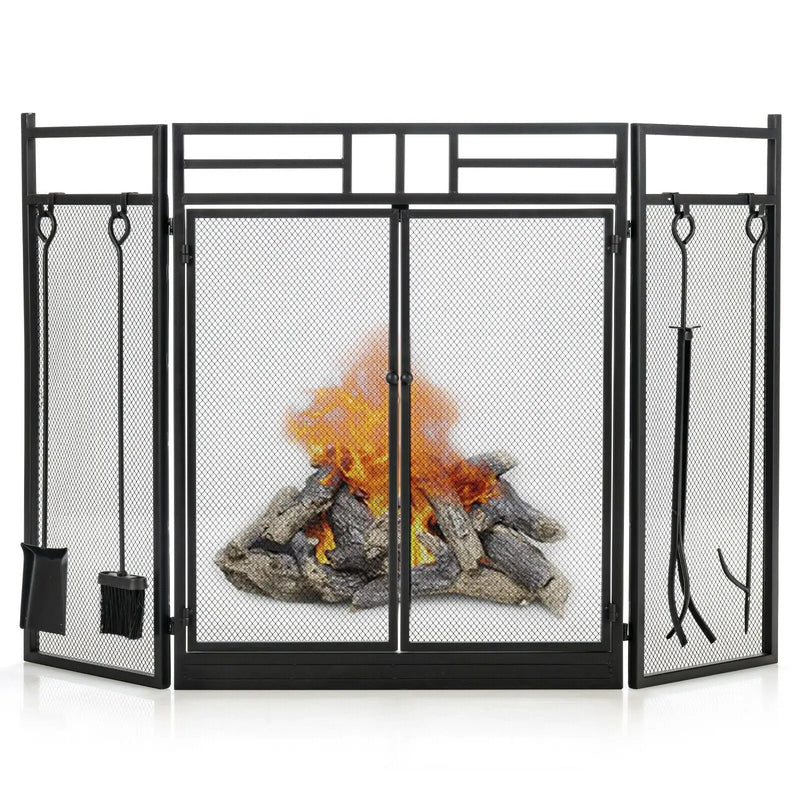 3-Panel Folding Wrought Iron Fireplace Screen with Doors and 4 Pieces Tools Set-Black by DirectDeals