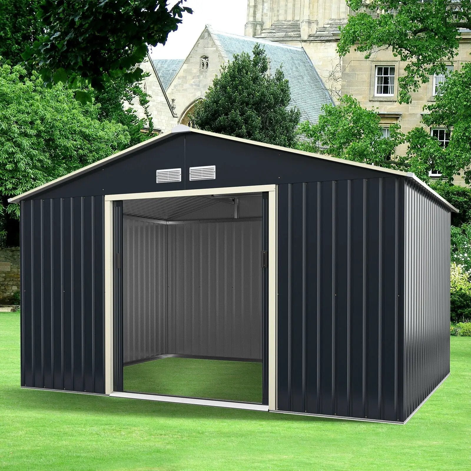 11 x 8 Feet Metal Storage Shed for Garden and Tools with 2 Lockable Sliding Doors-Gray by DirectDeals