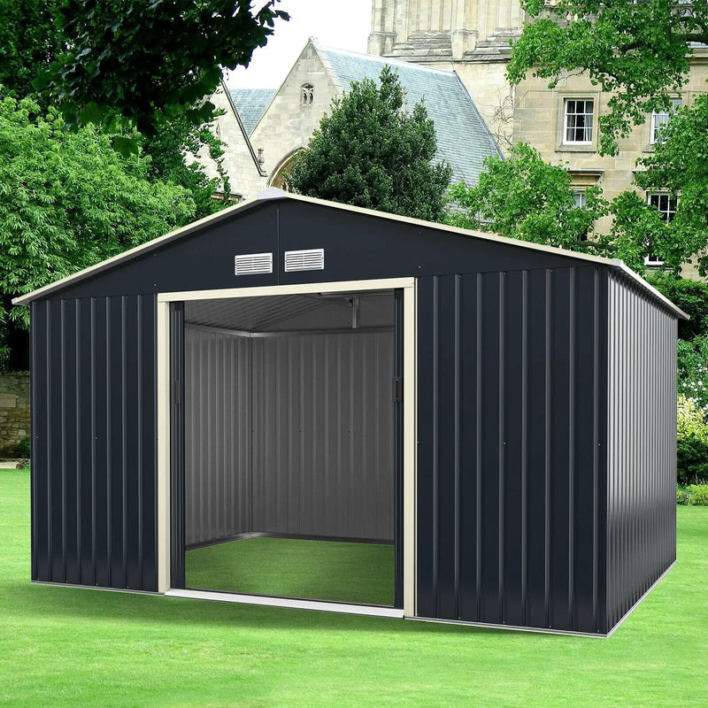 11 x 8 Feet Metal Storage Shed for Garden and Tools with 2 Lockable Sliding Doors-Gray by DirectDeals