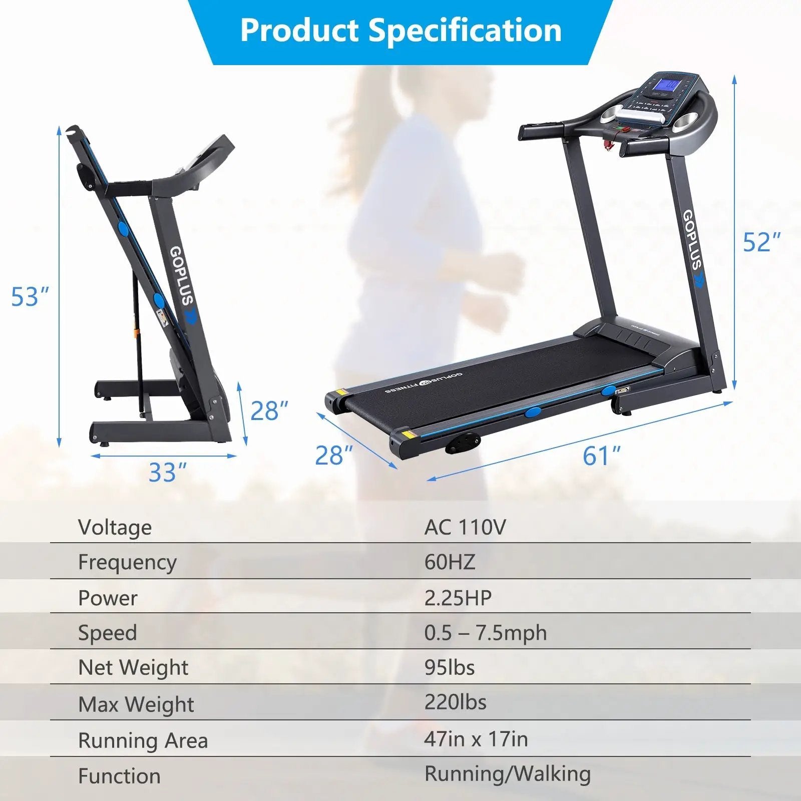 2.25 HP Folding Electric Motorized Power Treadmill with Blue Backlit LCD Display by DirectDeals