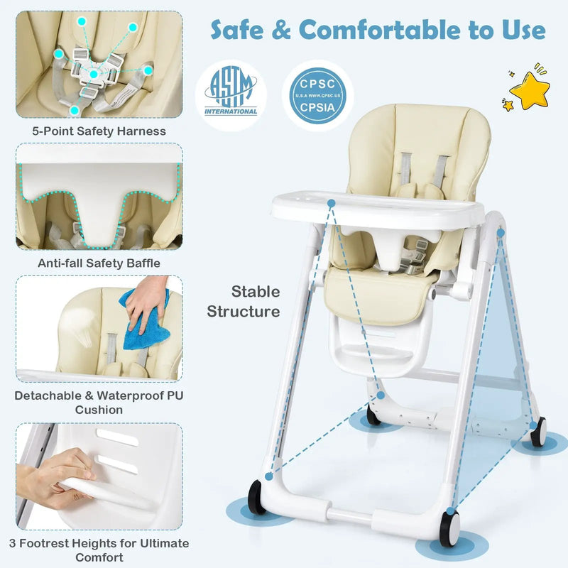 Baby Folding Convertible High Chair with Wheels and Adjustable Height by DirectDeals