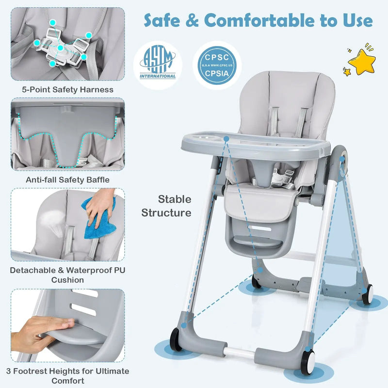 Baby Folding Convertible High Chair with Wheels and Adjustable Height by DirectDeals
