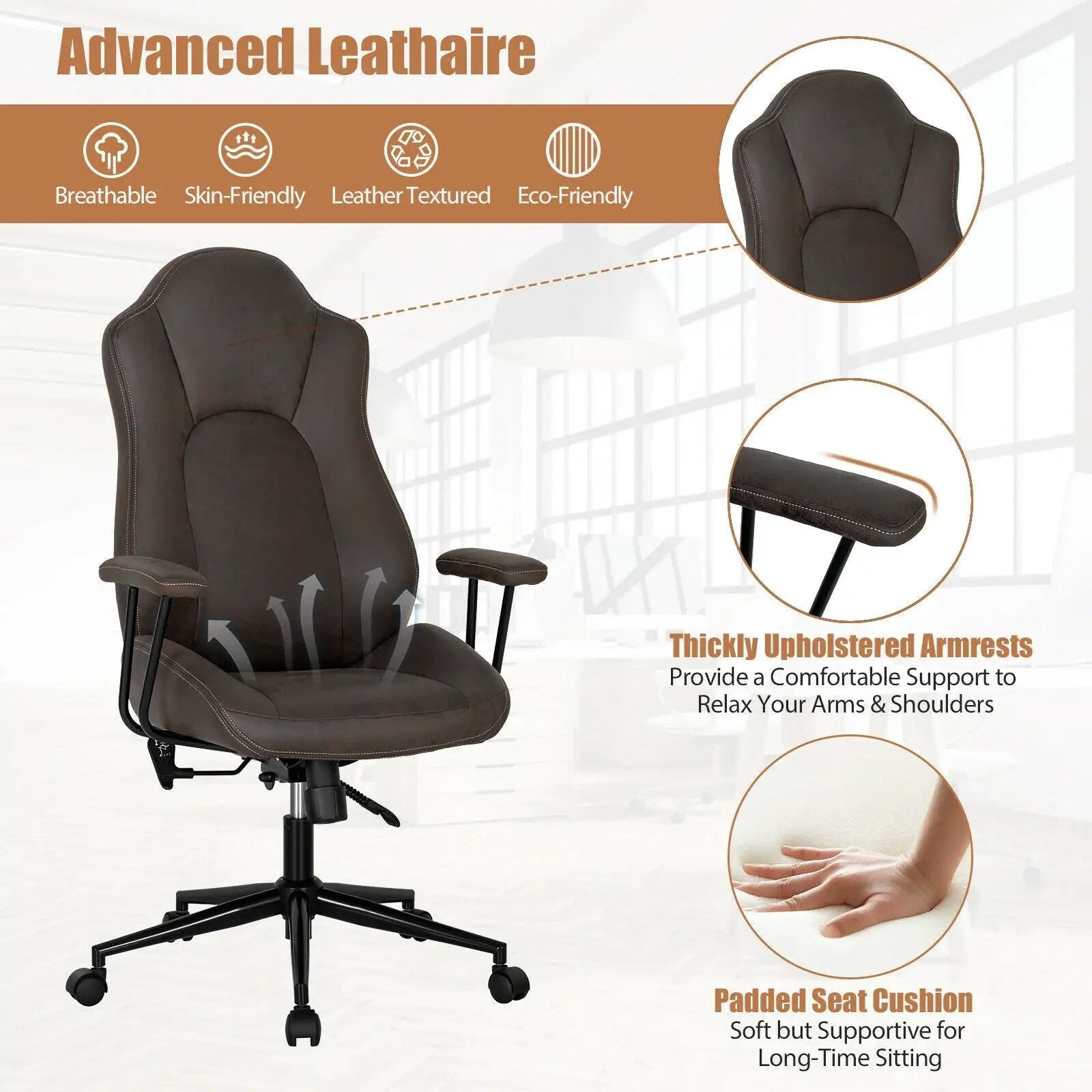 High Adjustable Back Executive Office Chair with Armrest-Brown by DirectDeals