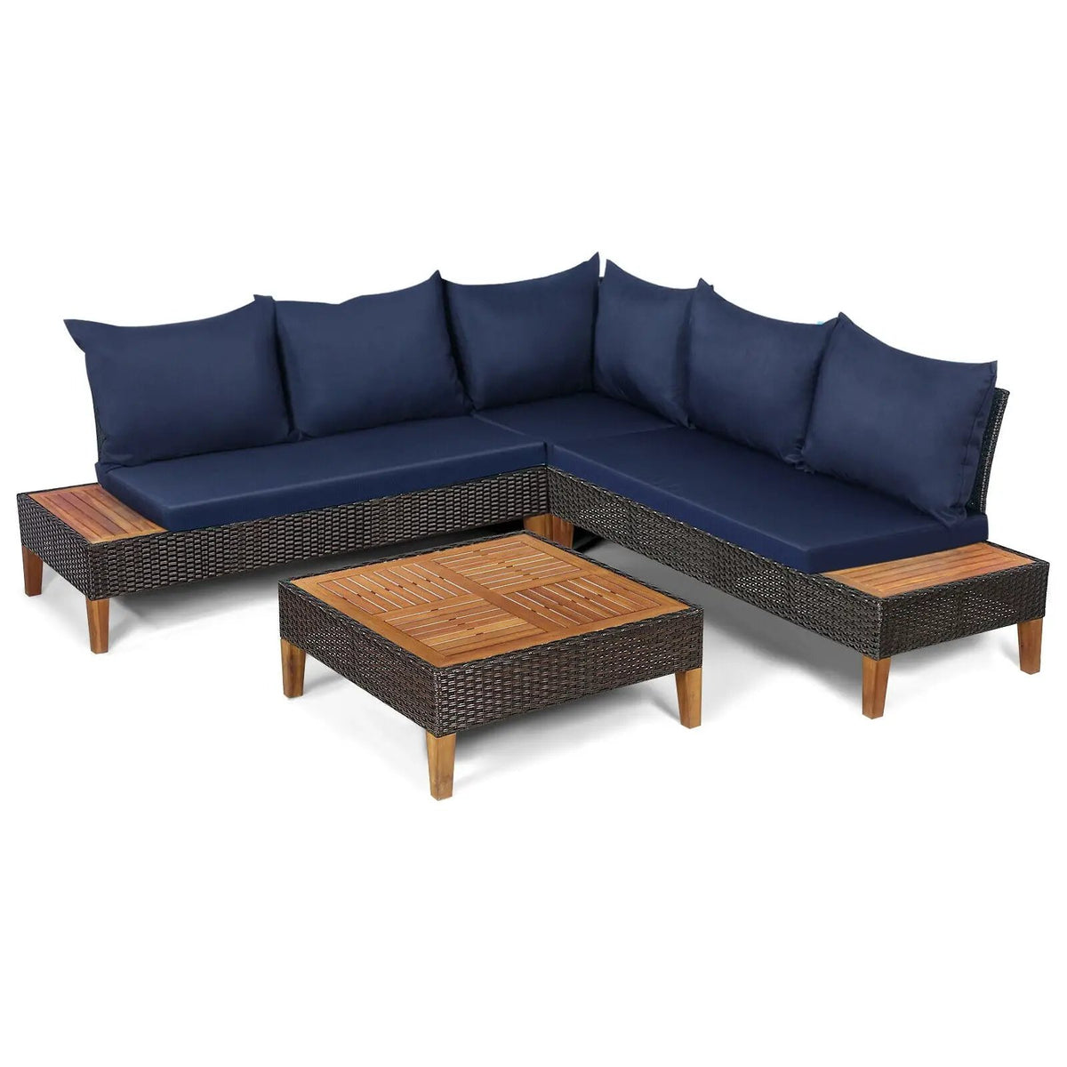 4 Pieces Patio Cushioned Rattan Furniture Set with Wooden Side Table by DirectDeals