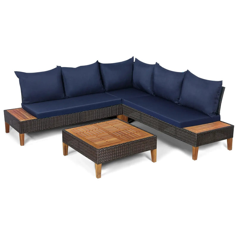 4 Pieces Patio Cushioned Rattan Furniture Set with Wooden Side Table by DirectDeals