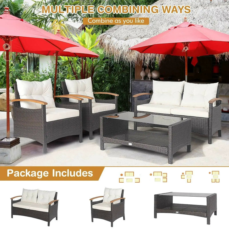 4 Pieces Patio Rattan Furniture Set with Cushioned Sofa and Storage Table by DirectDeals