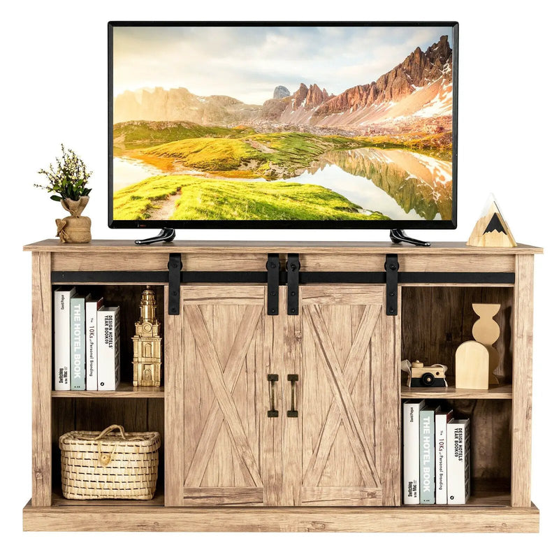55 Inch Sliding Barn Door TV Stand with Adjustable Shelves for TVs up to 65 Inch-Natural by DirectDeals