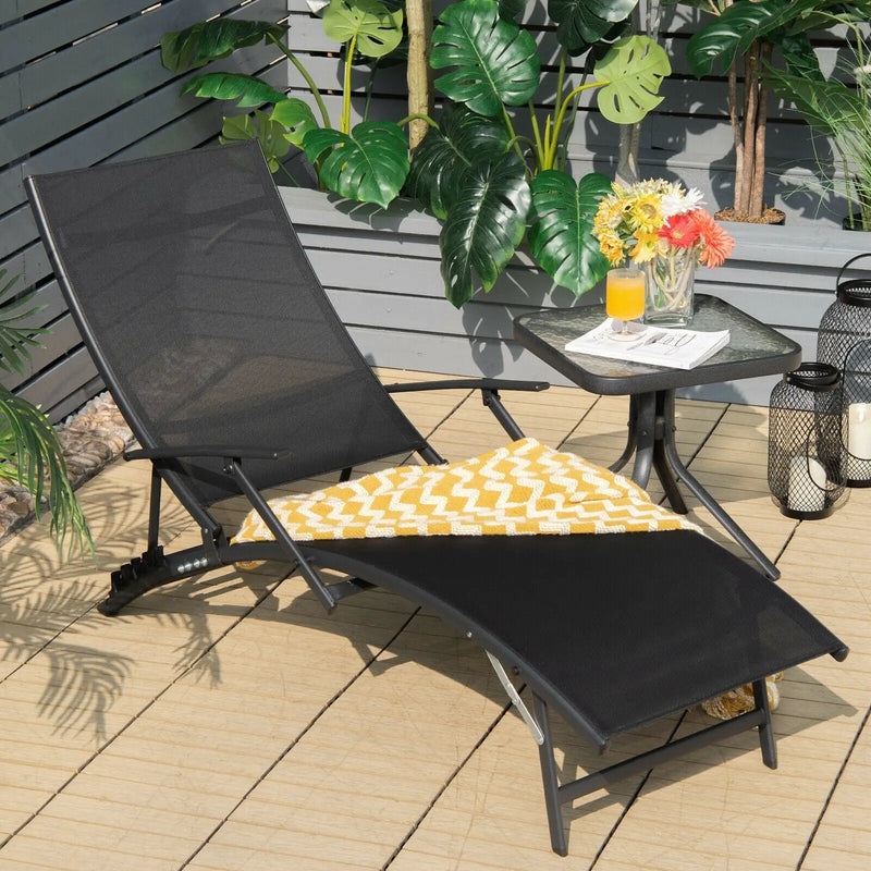 2 Pieces Patio Folding Stackable Lounge Chair Chaise with Armrest-Black by DirectDeals