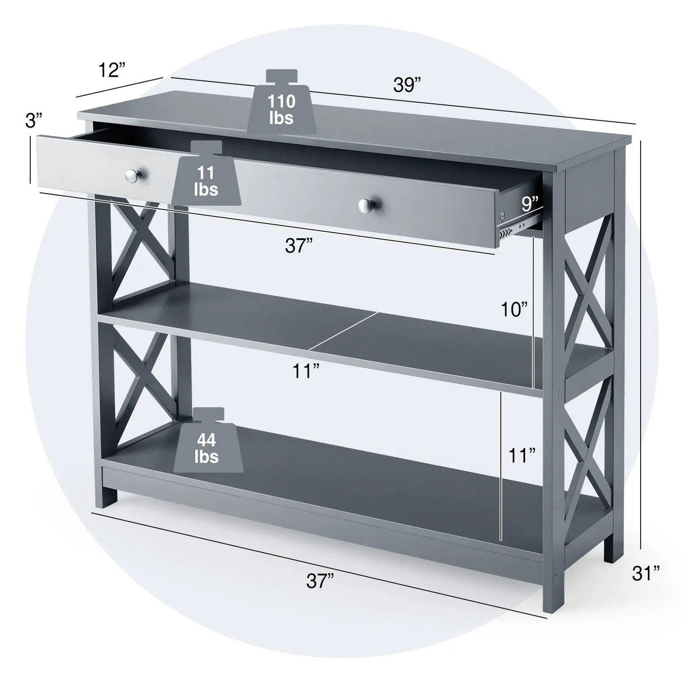 Console Table 3-Tier with Drawer and Storage Shelves by DirectDeals
