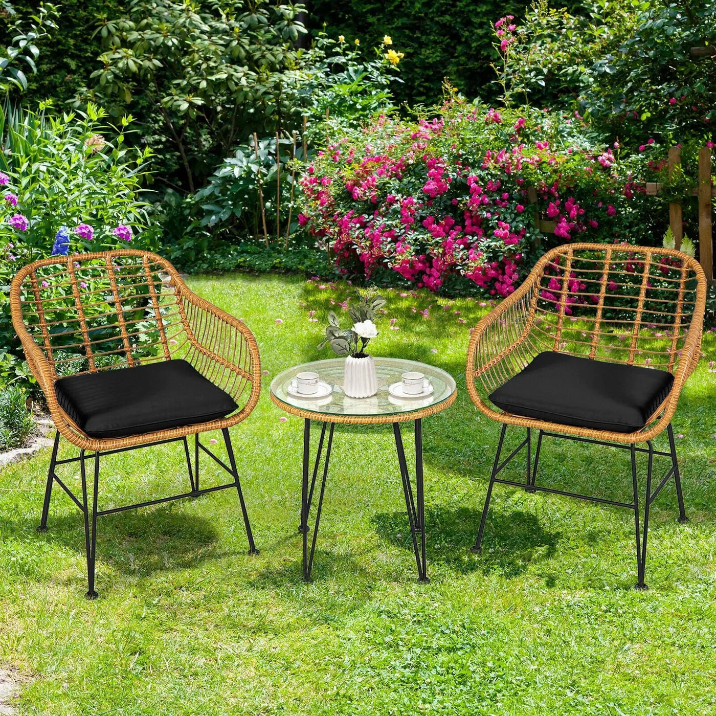 3 Pieces Rattan Furniture Set with Cushioned Chair Table by DirectDeals