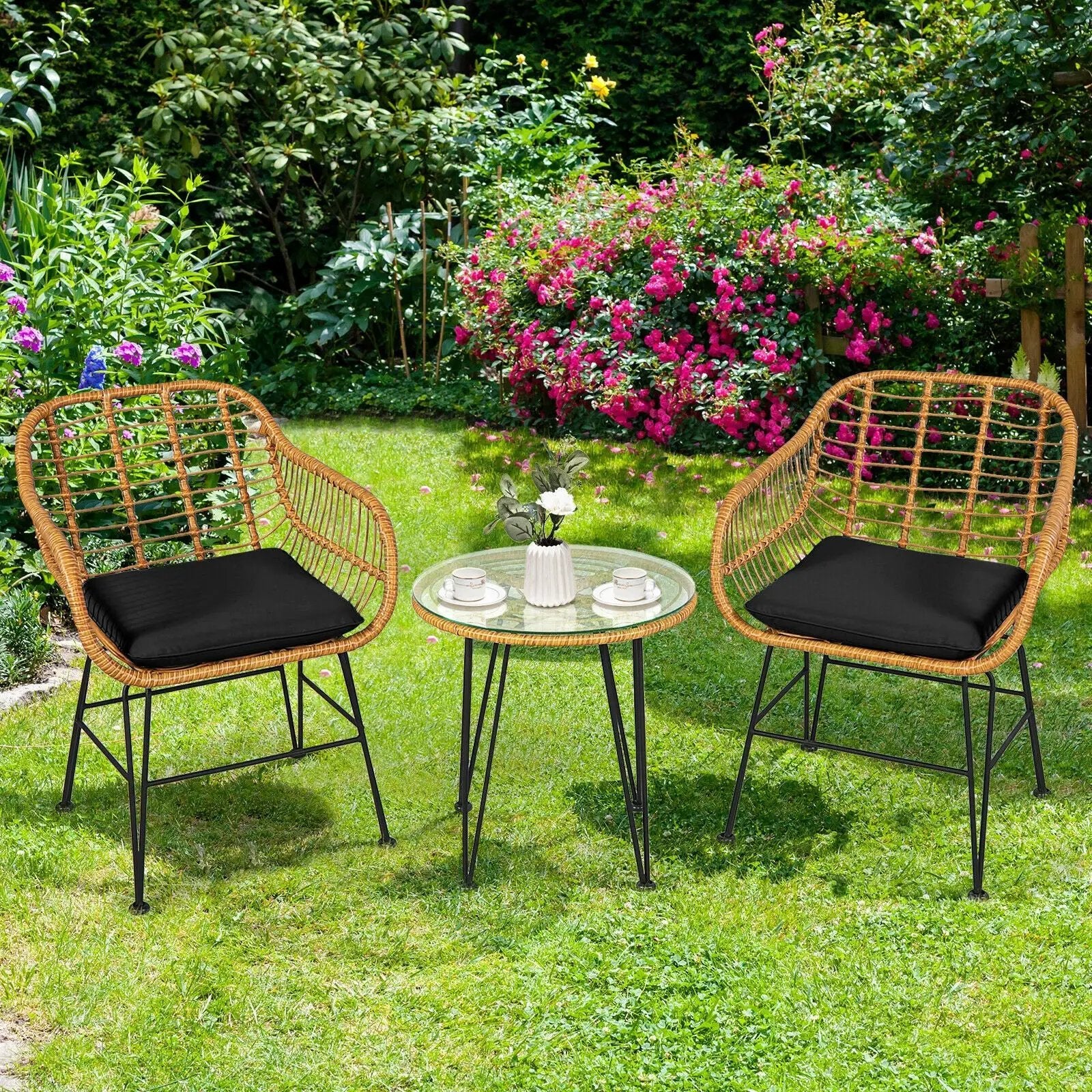 3 Pieces Rattan Furniture Set with Cushioned Chair Table by DirectDeals