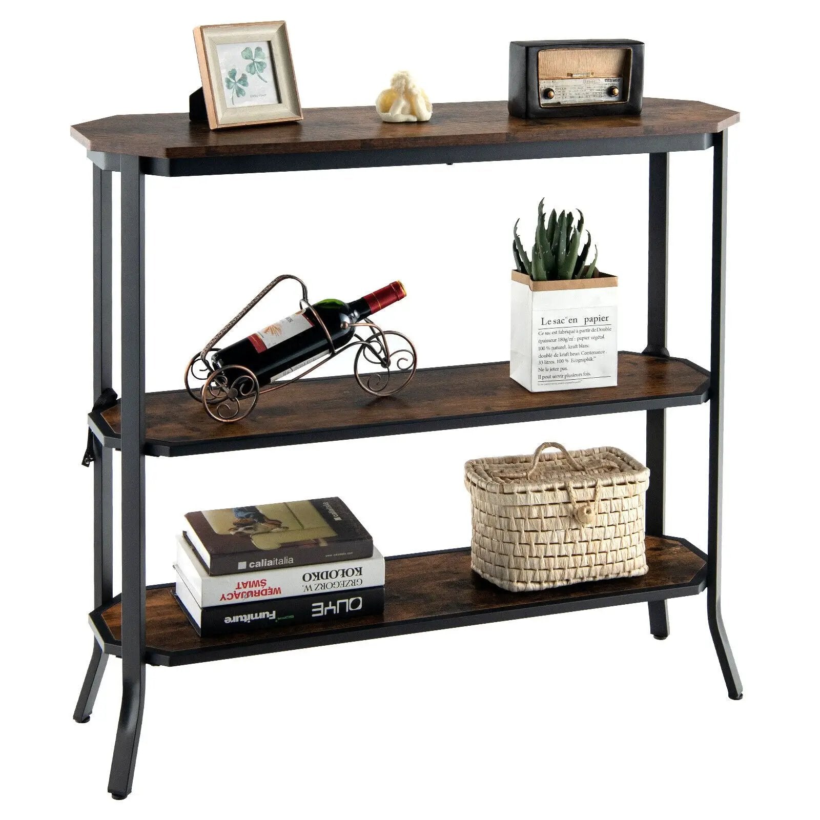 3-Tier Steel Frame Entryway Sofa Console Table for Hallway and Living Room-Rustic Brown by DirectDeals