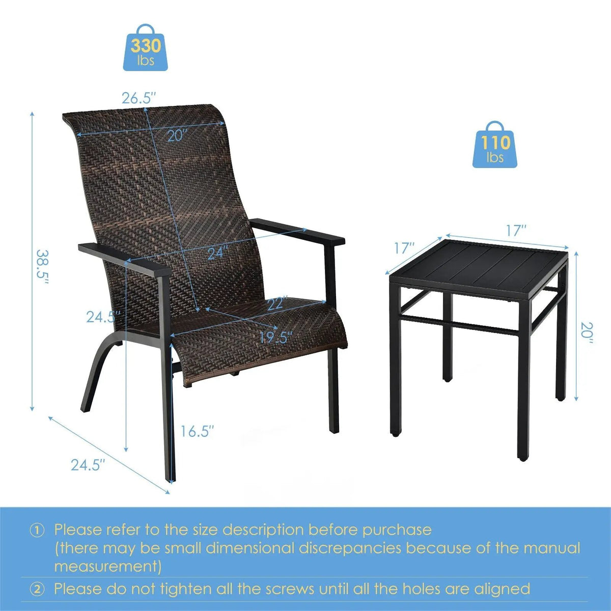 3 Pieces Patio Rattan Bistro Set with High Backrest and Armrest by DirectDeals