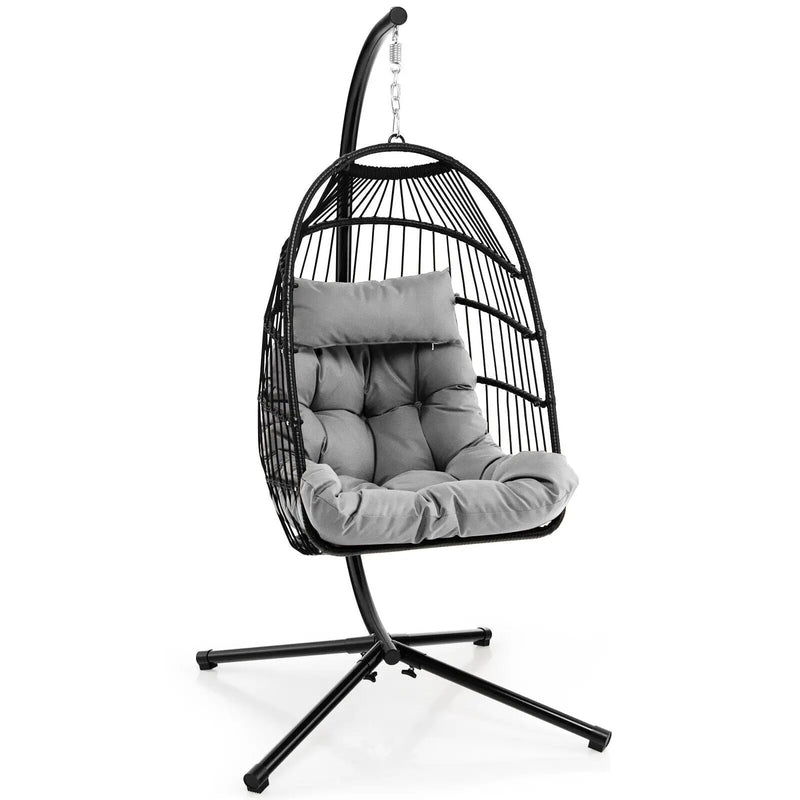 Patio Hanging Egg Chair with Stand Waterproof Cover and Folding Basket-Gray by DirectDeals