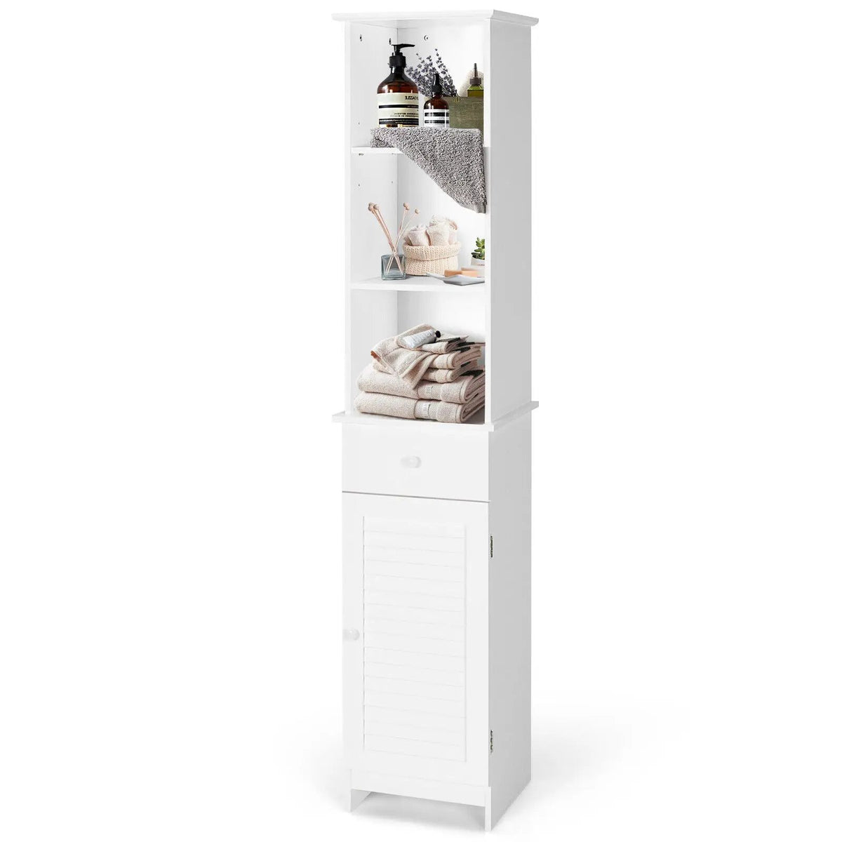 Bathroom Tall Freestanding Storage Cabinet with Open Shelves and Drawer-White by DirectDeals