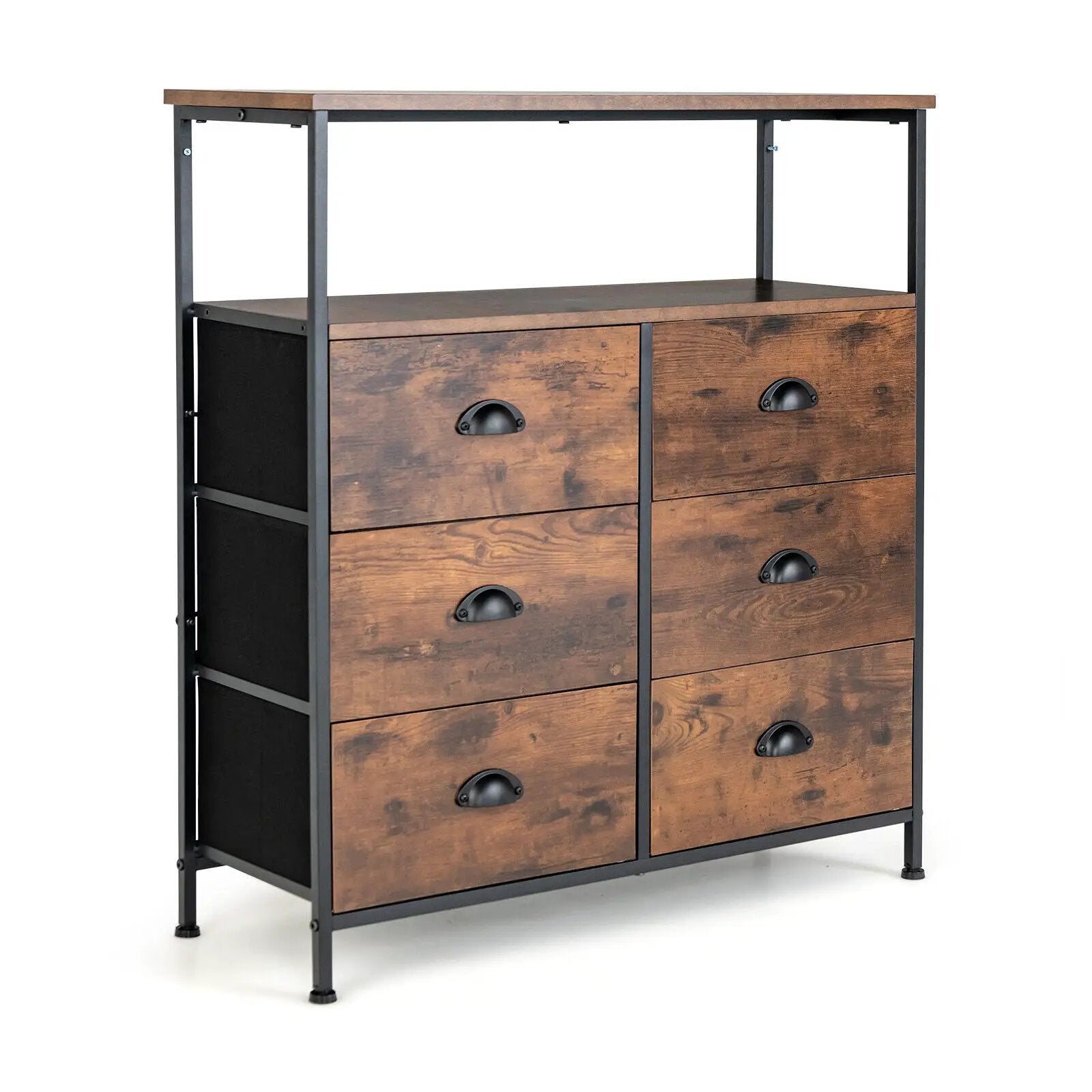 2-Tier Storage Chest with Wooden Top and 6 Fabric Drawers-Rustic Brown by DirectDeals