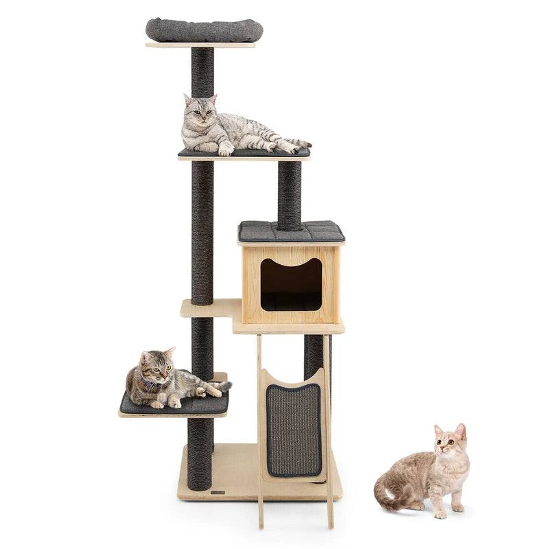 5-Tier Modern Wood Cat Tower with Washable Cushions-Gray by DirectDeals