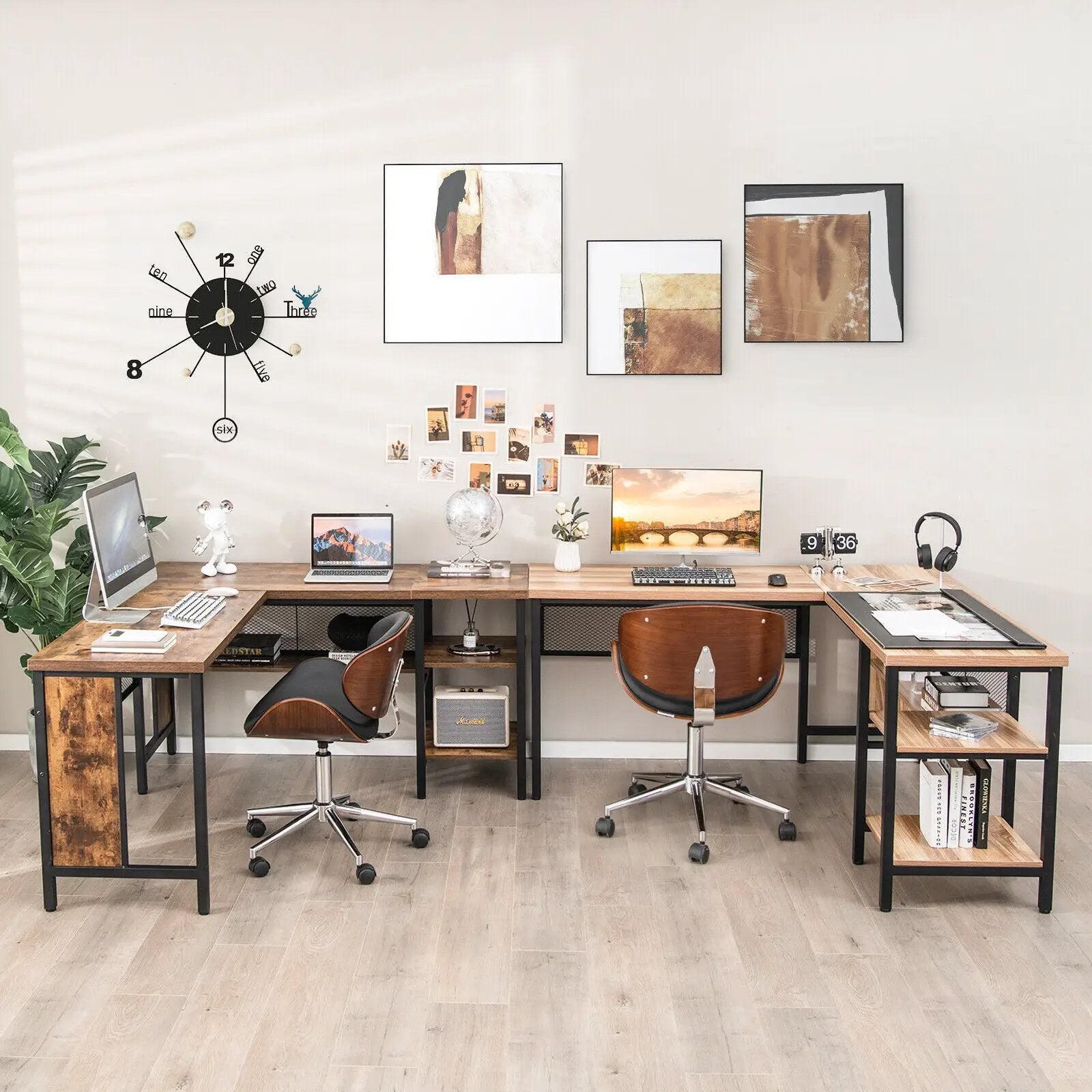 Industrial L-Shaped Corner Computer Desk Office Workstation with Storage Shelves by DirectDeals