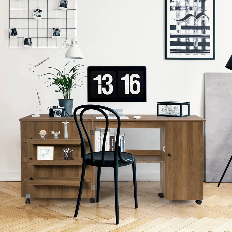 Folding Sewing Table Shelves Storage Cabinet Craft Cart with Wheels by DirectDeals