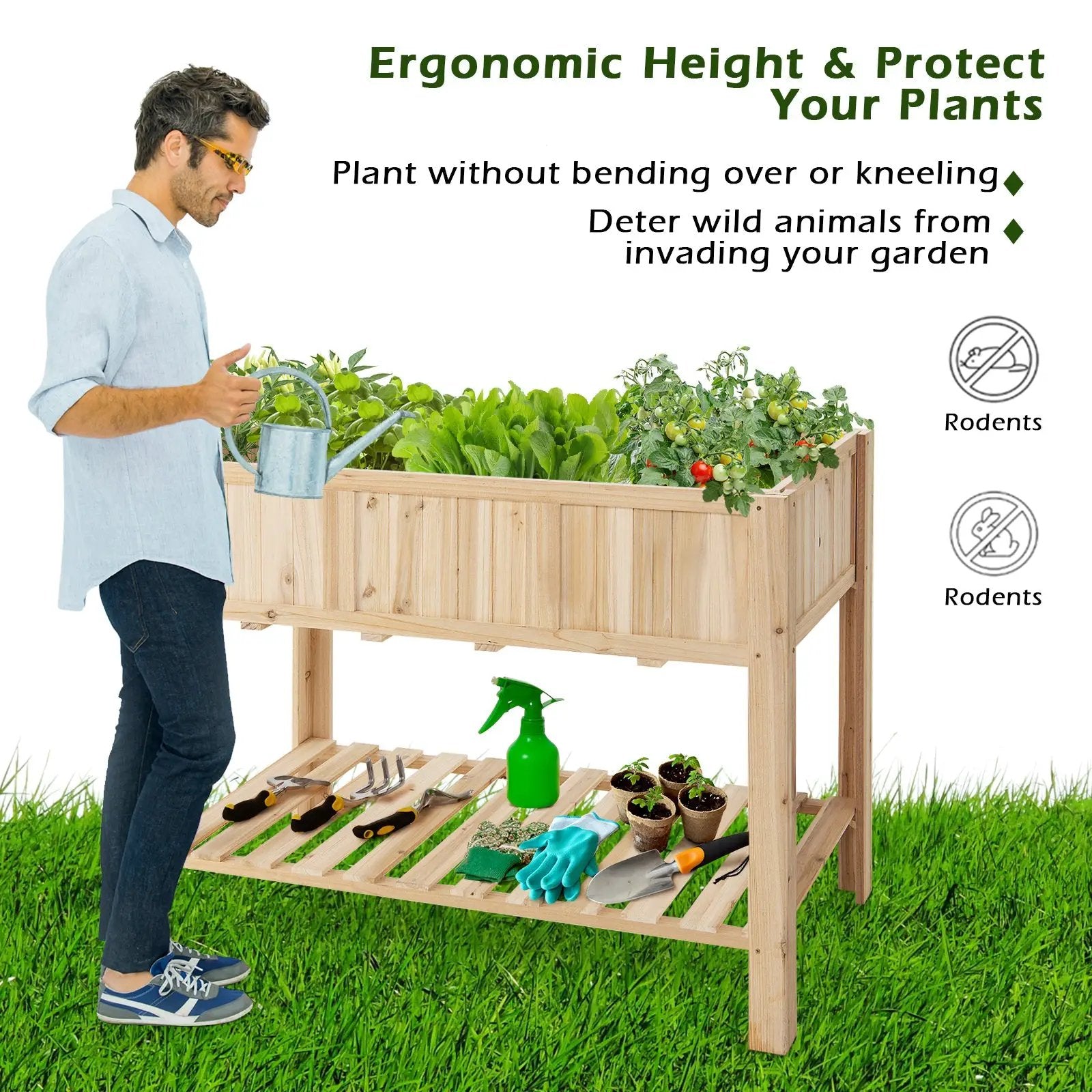 47 Inch Wooden Raised Garden Bed with Bottom Shelf and Bed Liner by DirectDeals