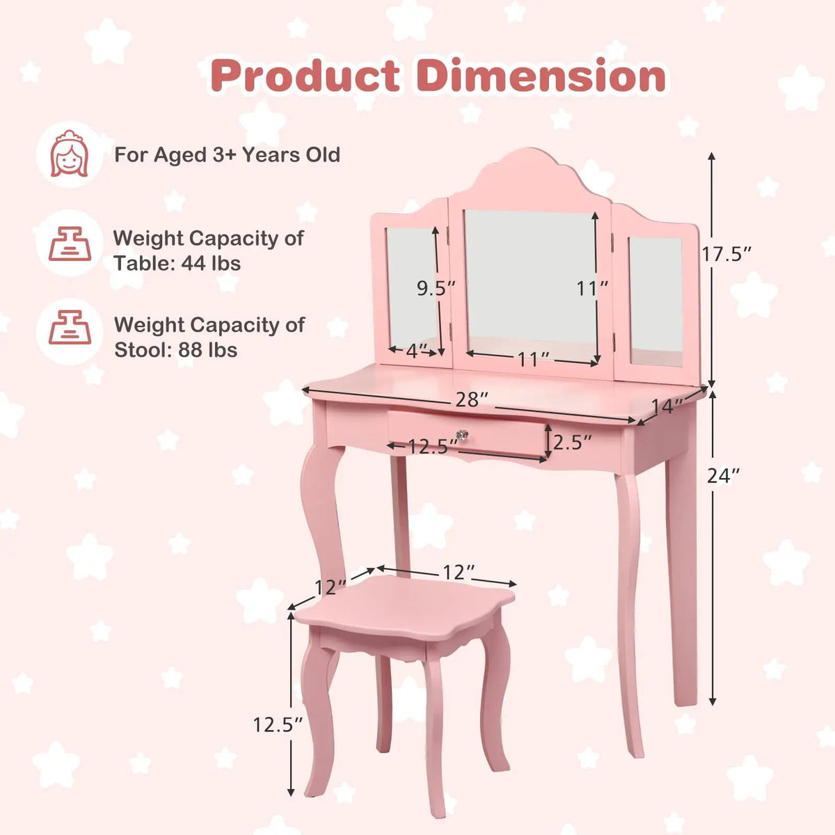 Kids Makeup Dressing Mirror Vanity Table Stool Set