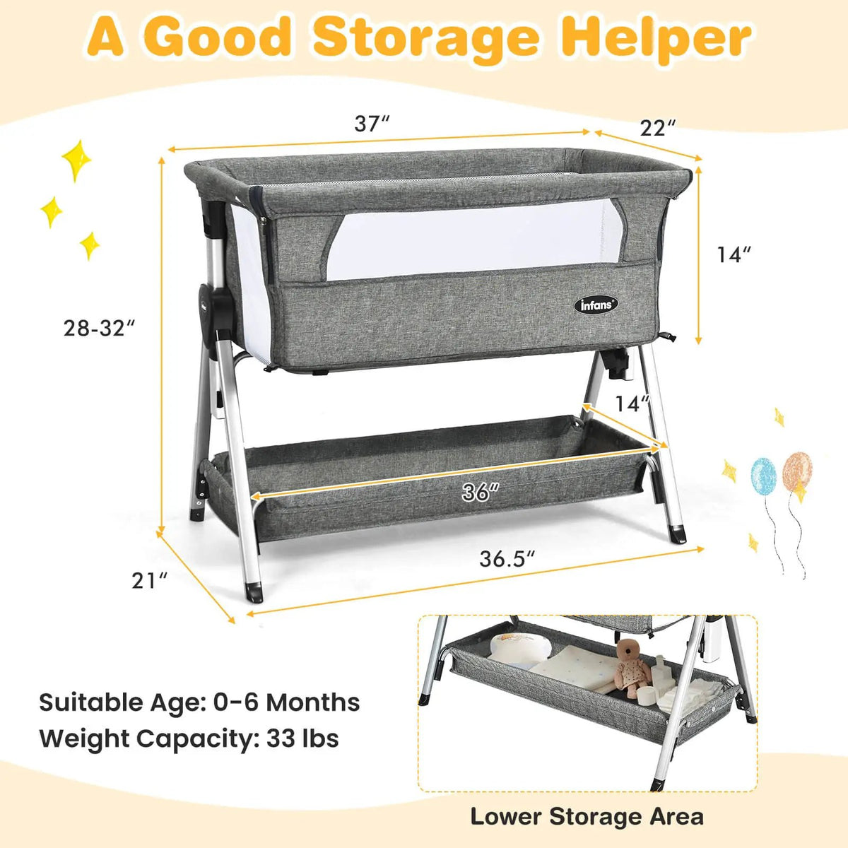 Adjustable Baby Bedside Crib with Large Storage by DirectDeals