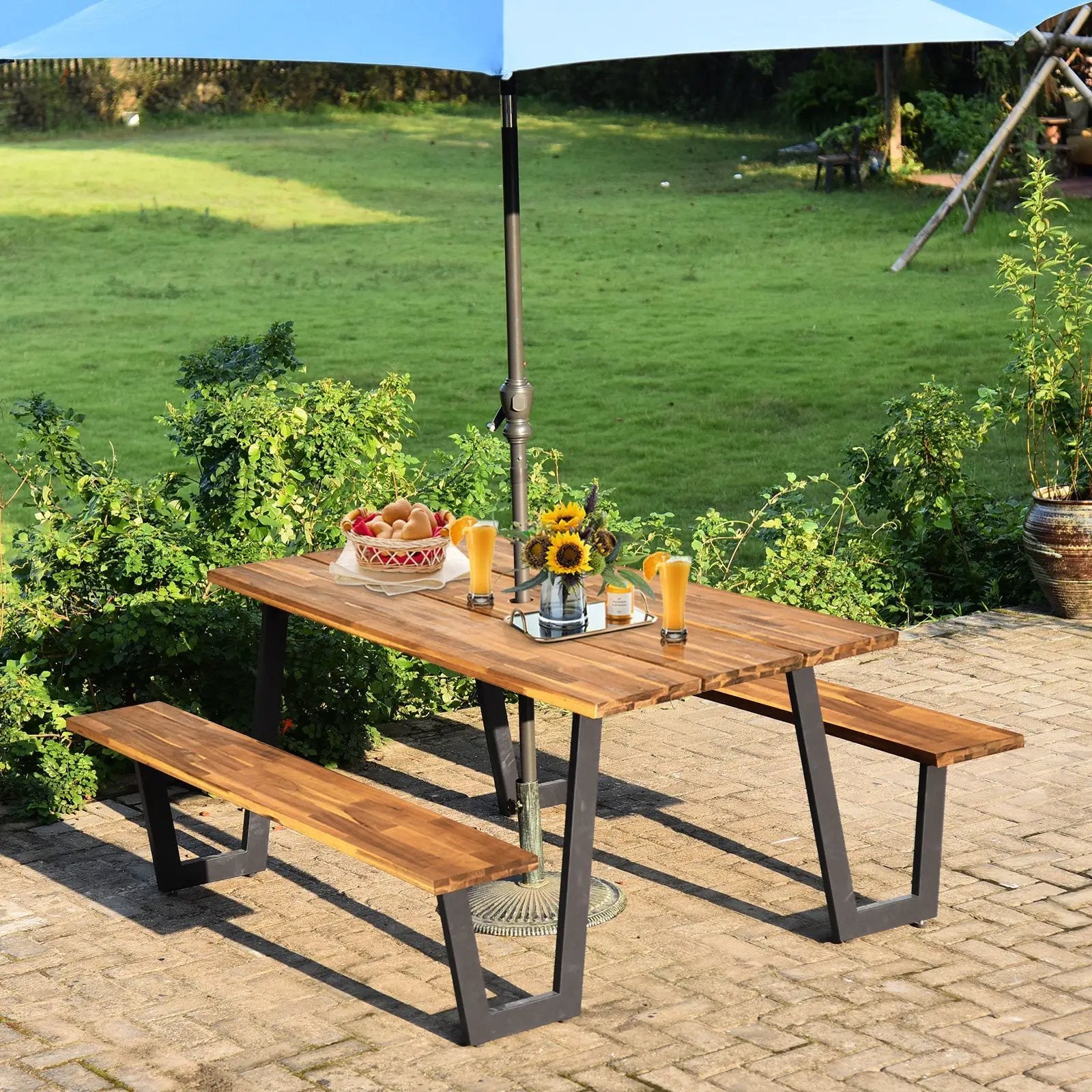 Patented 70 Inch Dining Table Set with Seats and Umbrella Hole by DirectDeals