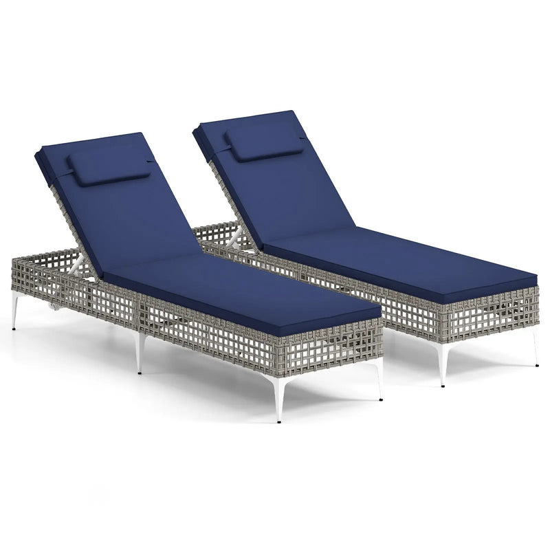 2 Pieces Patio Chaise Lounge Chair with 6-Level Adjustable Backrest and Headrest for Poolside-Navy by DirectDeals