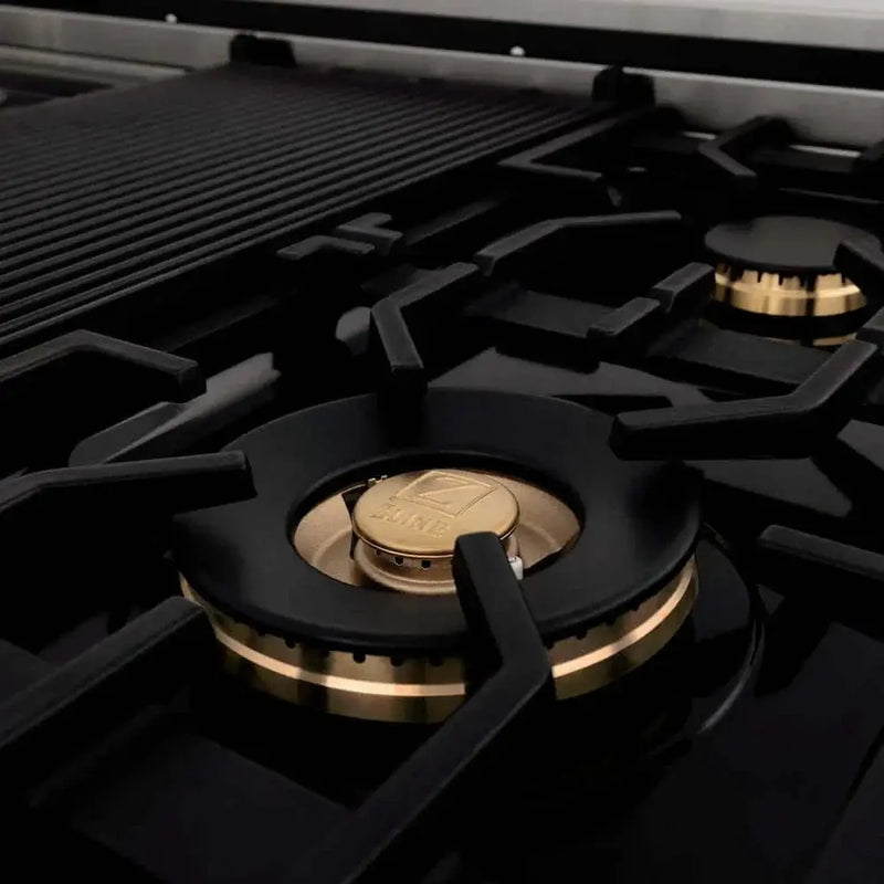 ZLINE 48" Autograph Dual Fuel Range, Black, Gold, RAZ-BLM-48-G by Farmhouse Kitchen and Bath