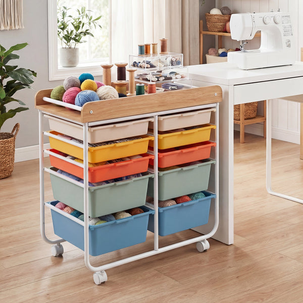 10-Drawer Rolling Cart with Wooden Tabletop and Lockable Wheels for Office, photo 2 of 16