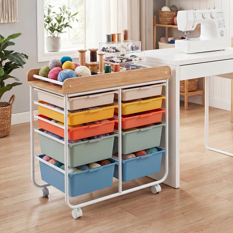 10-Drawer Rolling Cart with Wooden Tabletop and Lockable Wheels for Office by DirectDeals