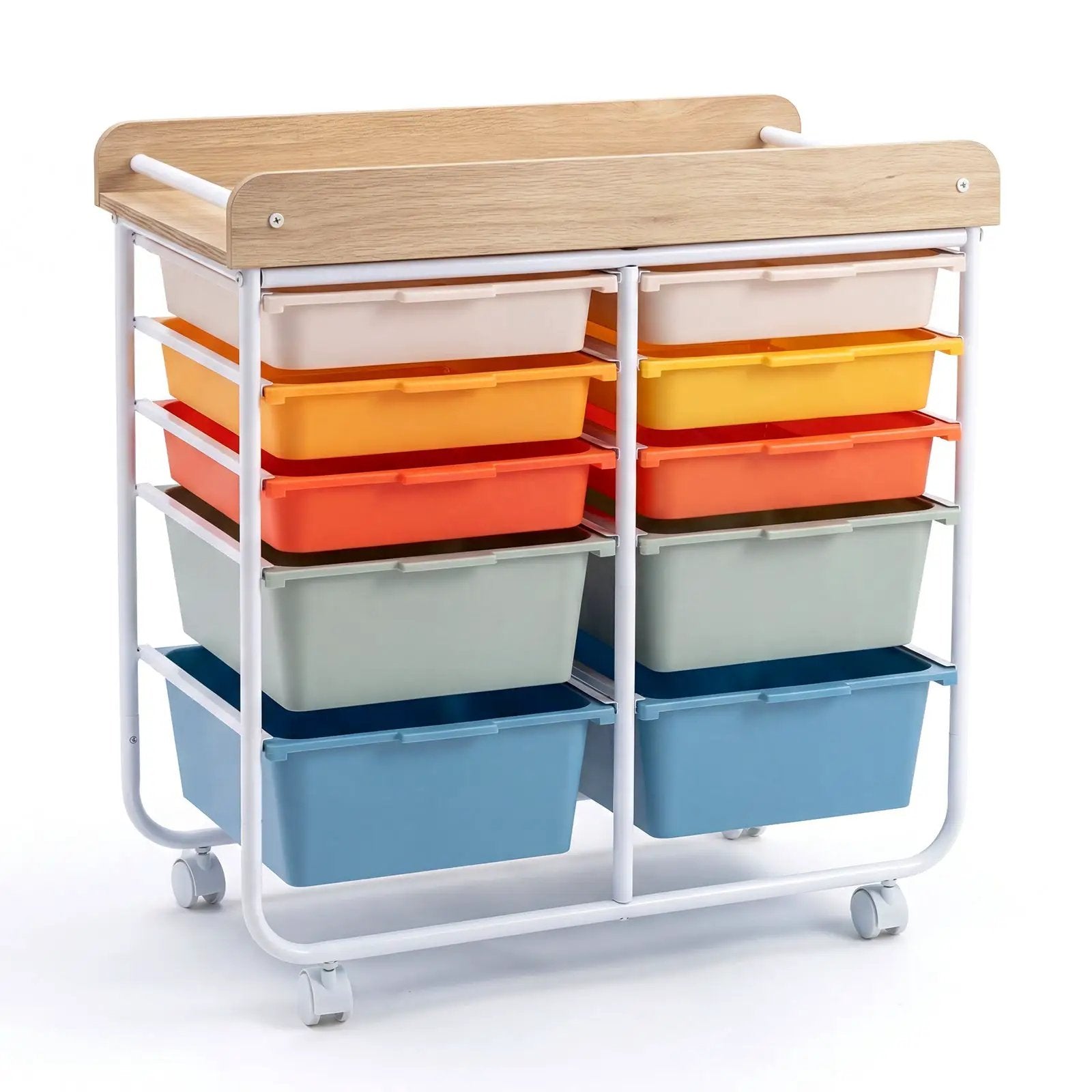 10-Drawer Rolling Cart with Wooden Tabletop and Lockable Wheels for Office by DirectDeals