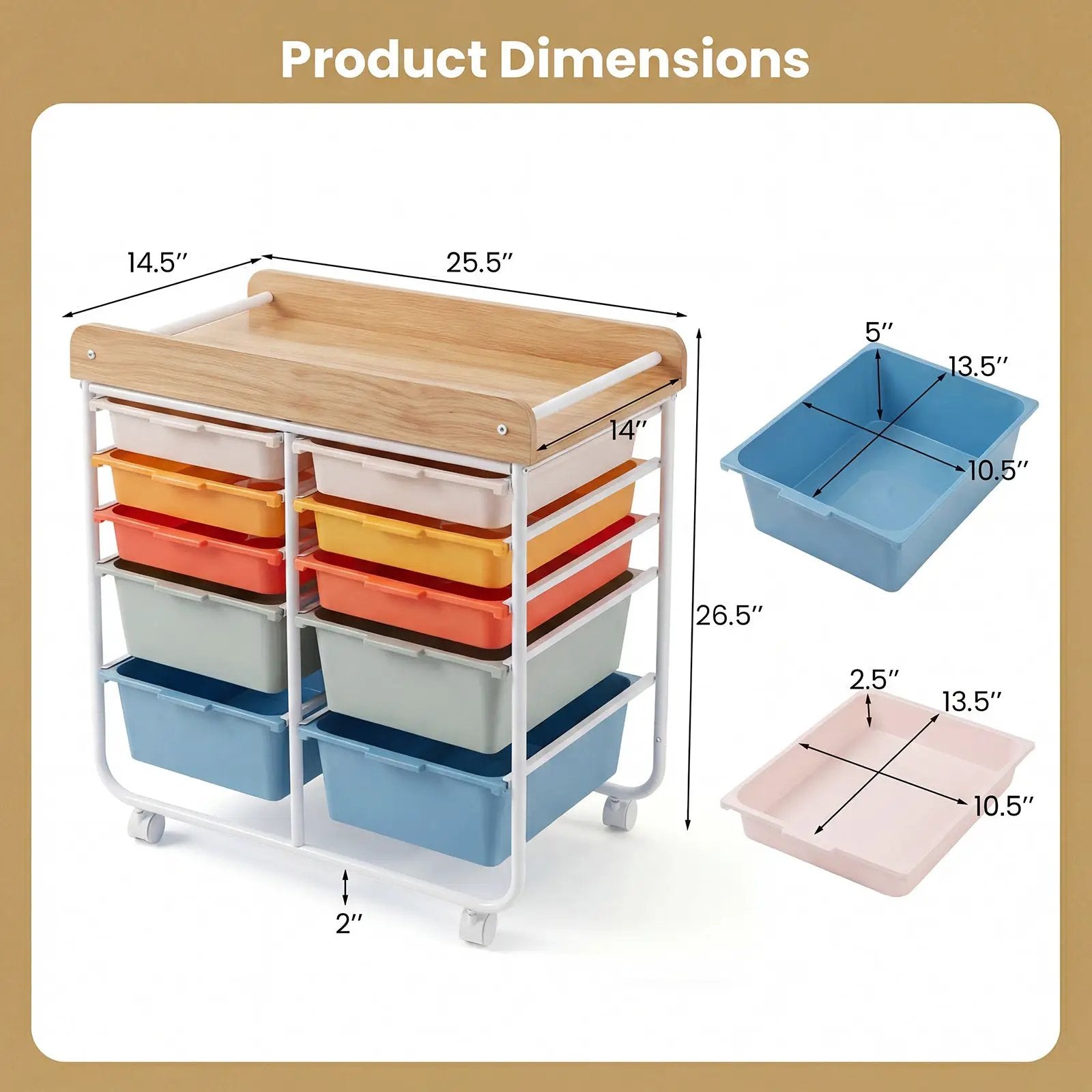 10-Drawer Rolling Cart with Wooden Tabletop and Lockable Wheels for Office by DirectDeals