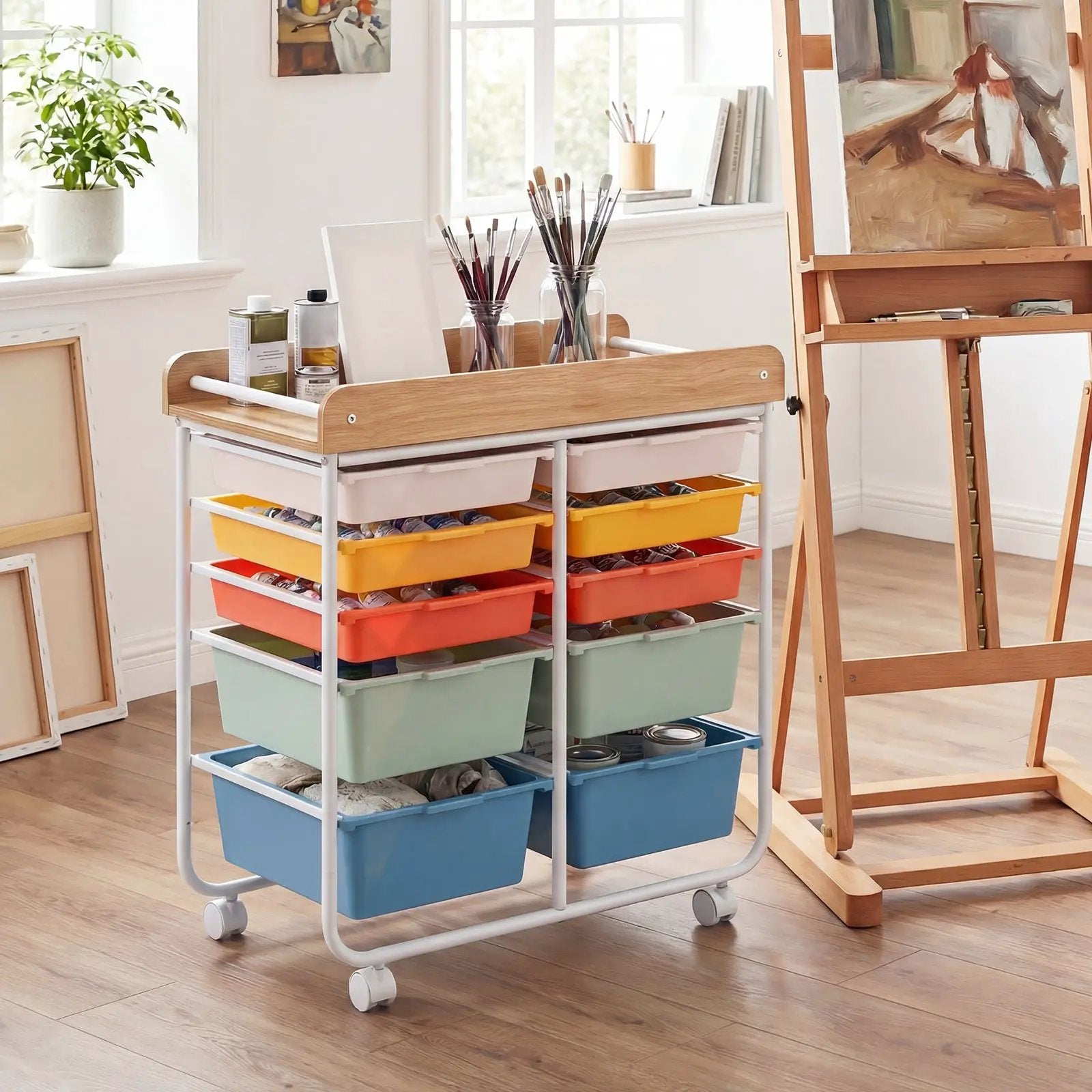 10-Drawer Rolling Cart with Wooden Tabletop and Lockable Wheels for Office by DirectDeals