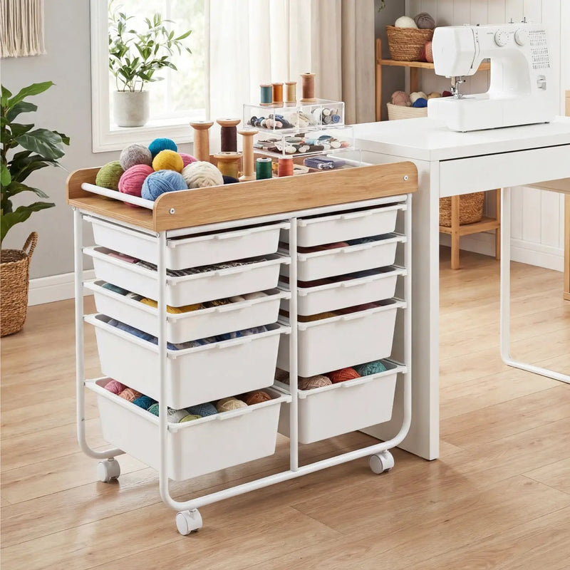 10-Drawer Rolling Cart with Wooden Tabletop and Lockable Wheels for Office by DirectDeals