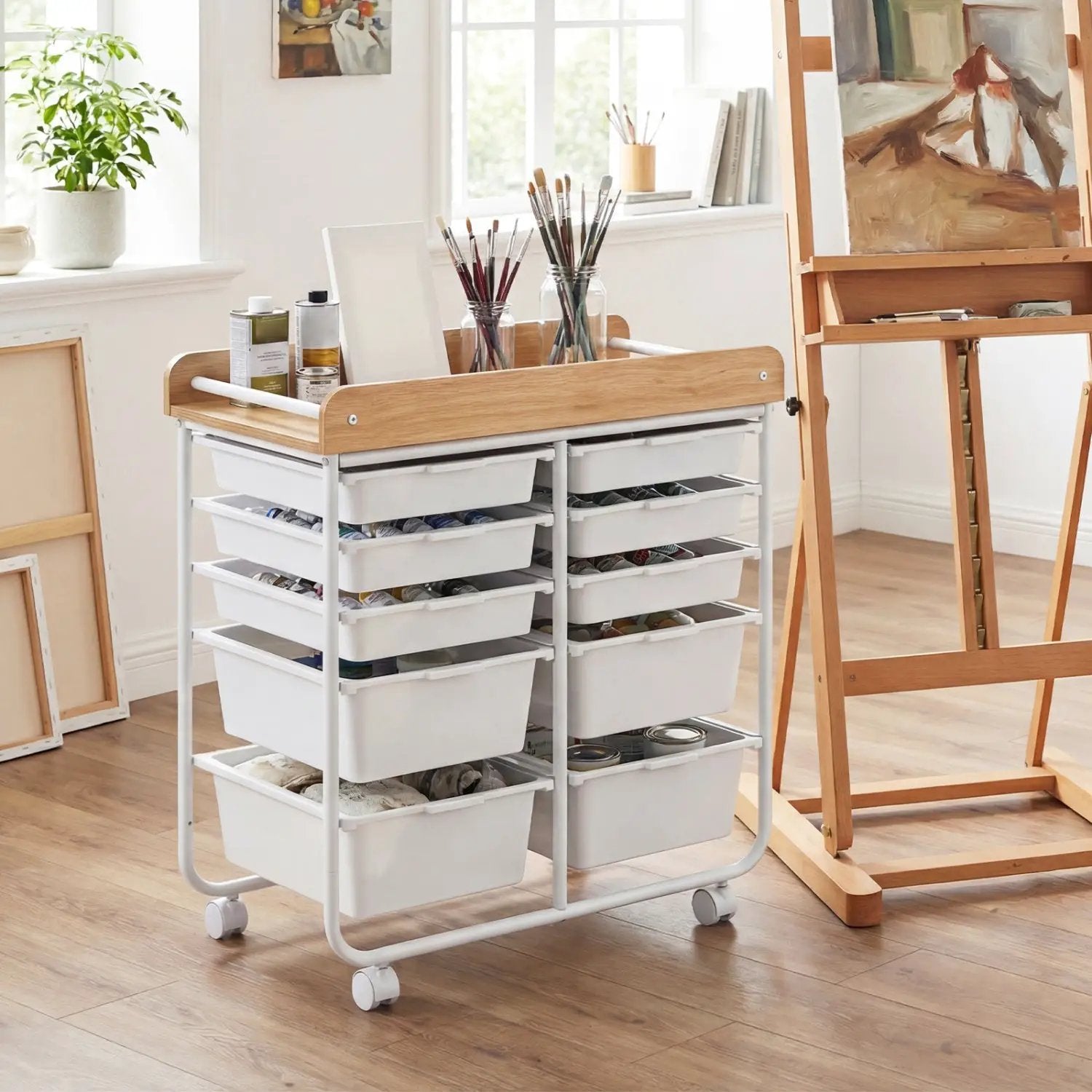 10-Drawer Rolling Cart with Wooden Tabletop and Lockable Wheels for Office by DirectDeals