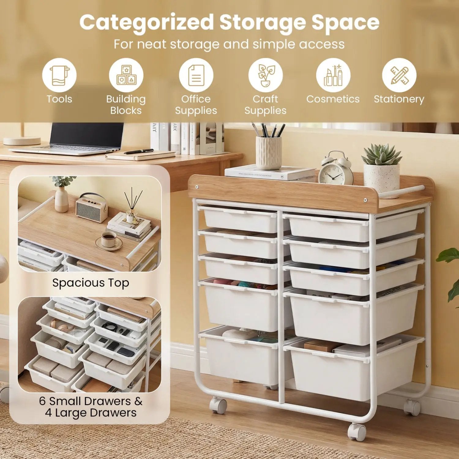 10-Drawer Rolling Cart with Wooden Tabletop and Lockable Wheels for Office by DirectDeals