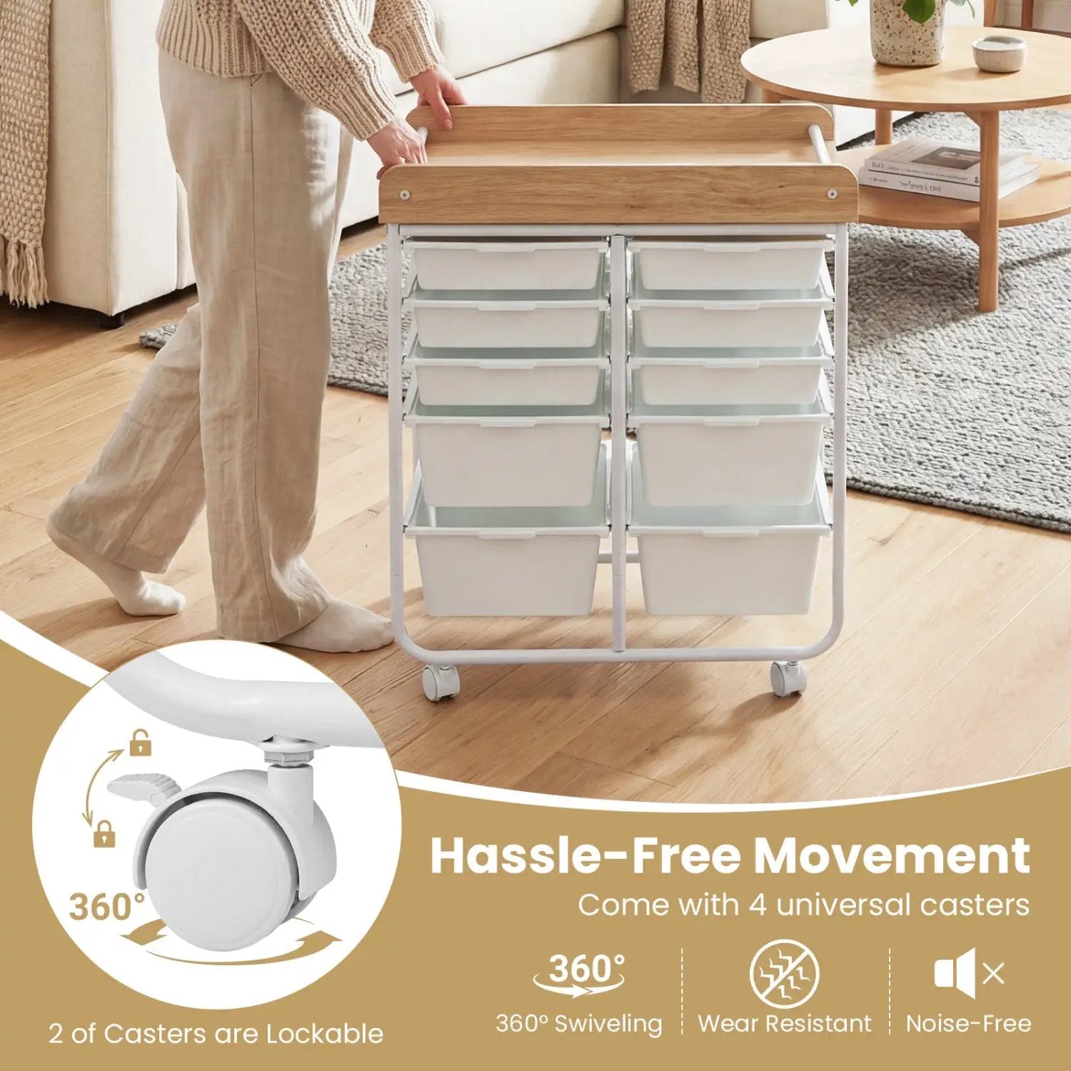 10-Drawer Rolling Cart with Wooden Tabletop and Lockable Wheels for Office by DirectDeals