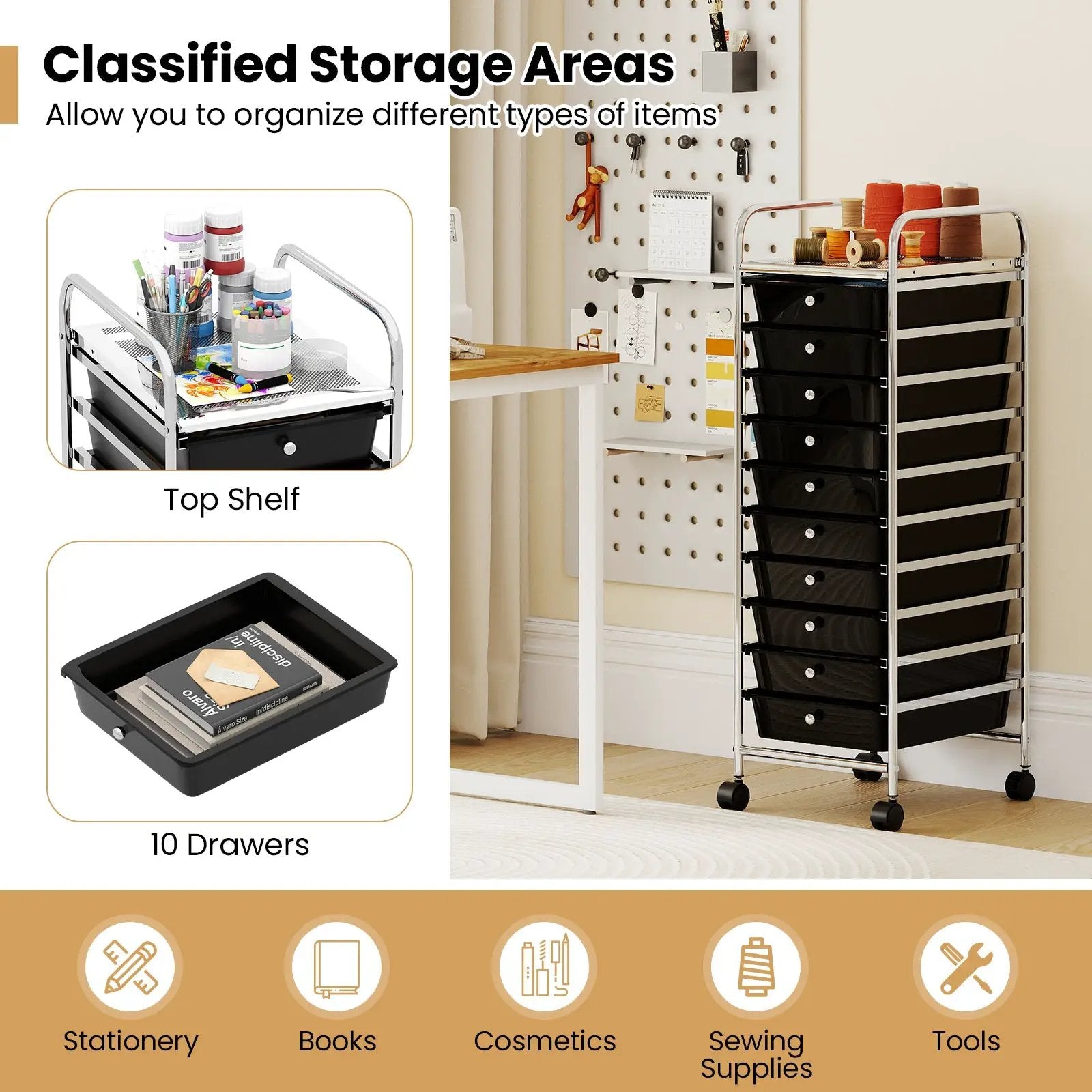 10-Drawer Rolling Storage Cart with Metal Frame and Lockable Universal Wheels by DirectDeals