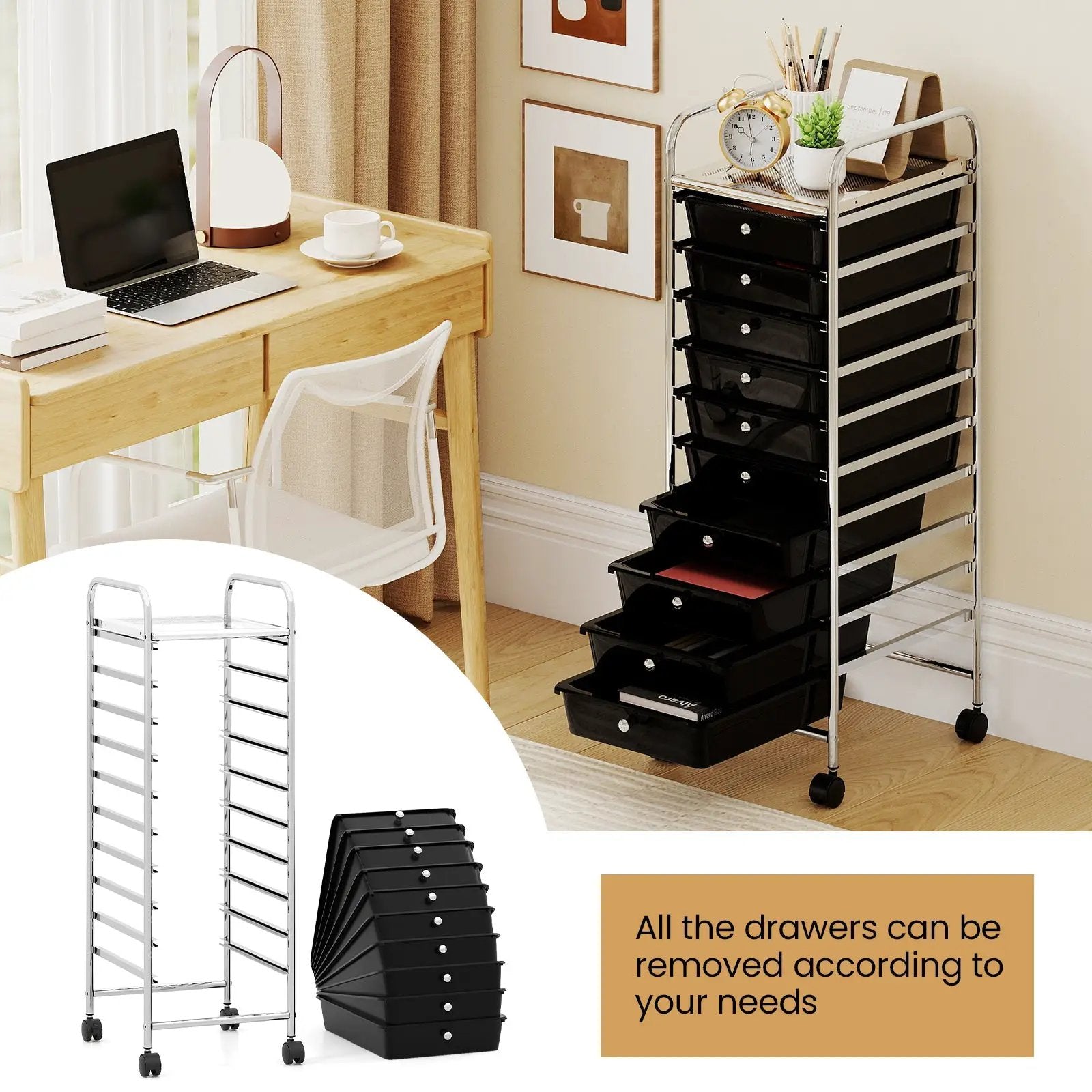 10-Drawer Rolling Storage Cart with Metal Frame and Lockable Universal Wheels by DirectDeals