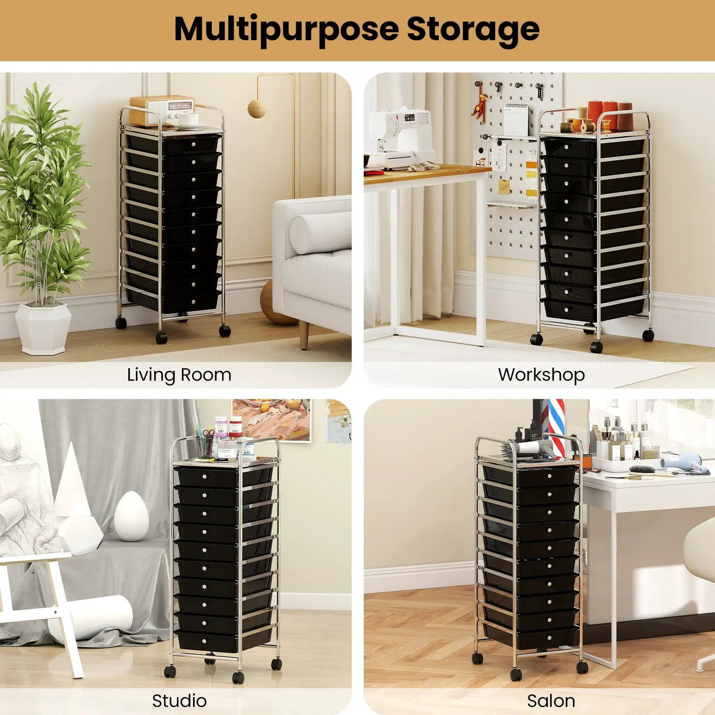 10-Drawer Rolling Storage Cart with Metal Frame and Lockable Universal Wheels by DirectDeals