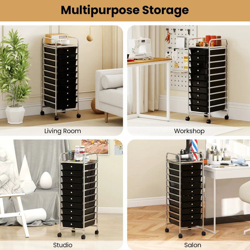 10-Drawer Rolling Storage Cart with Metal Frame and Lockable Universal Wheels by DirectDeals