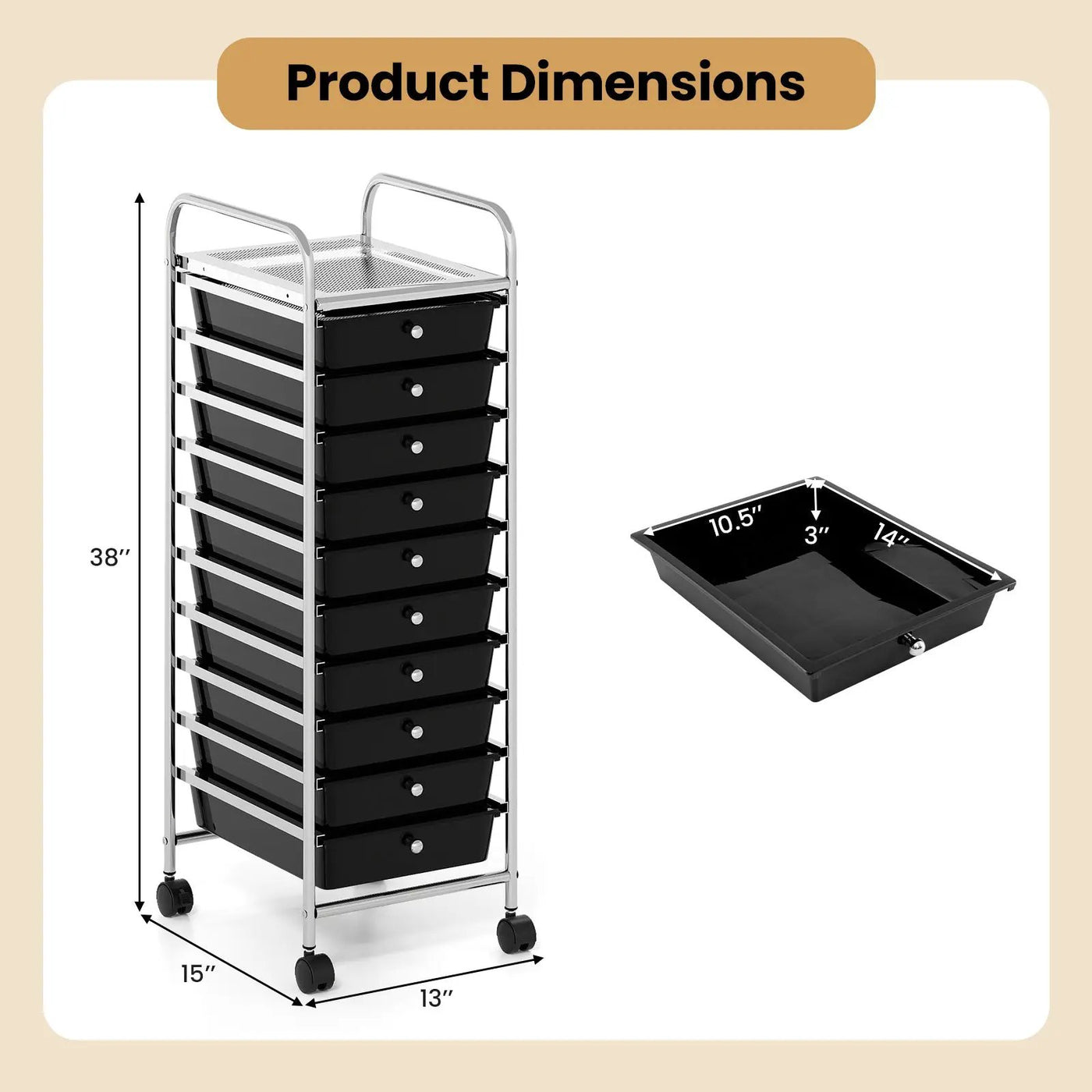 10-Drawer Rolling Storage Cart with Metal Frame and Lockable Universal Wheels by DirectDeals