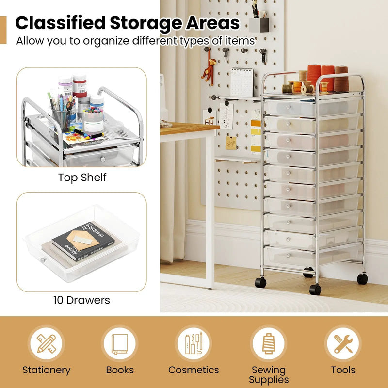 10-Drawer Rolling Storage Cart with Metal Frame and Lockable Universal Wheels by DirectDeals