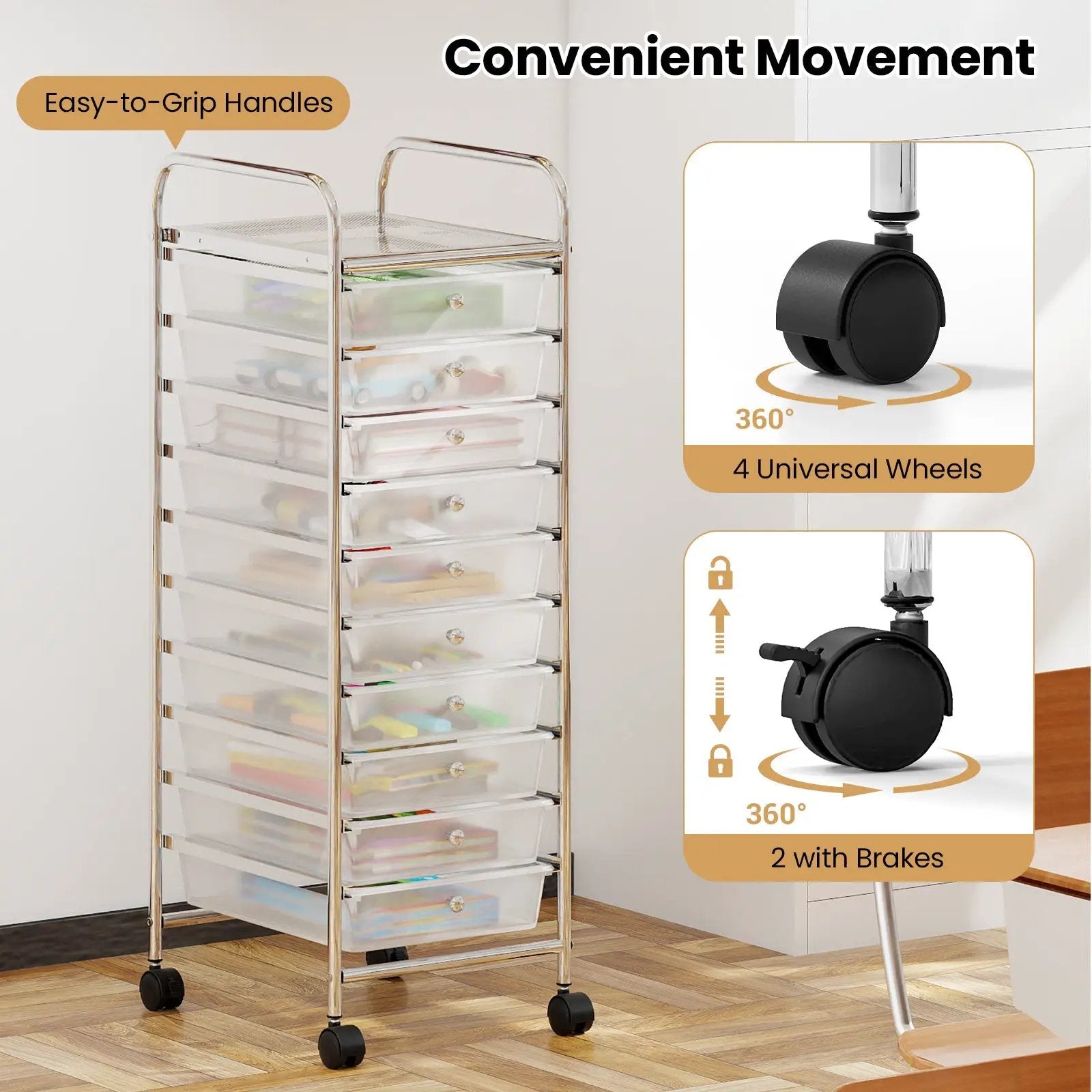 10-Drawer Rolling Storage Cart with Metal Frame and Lockable Universal Wheels by DirectDeals