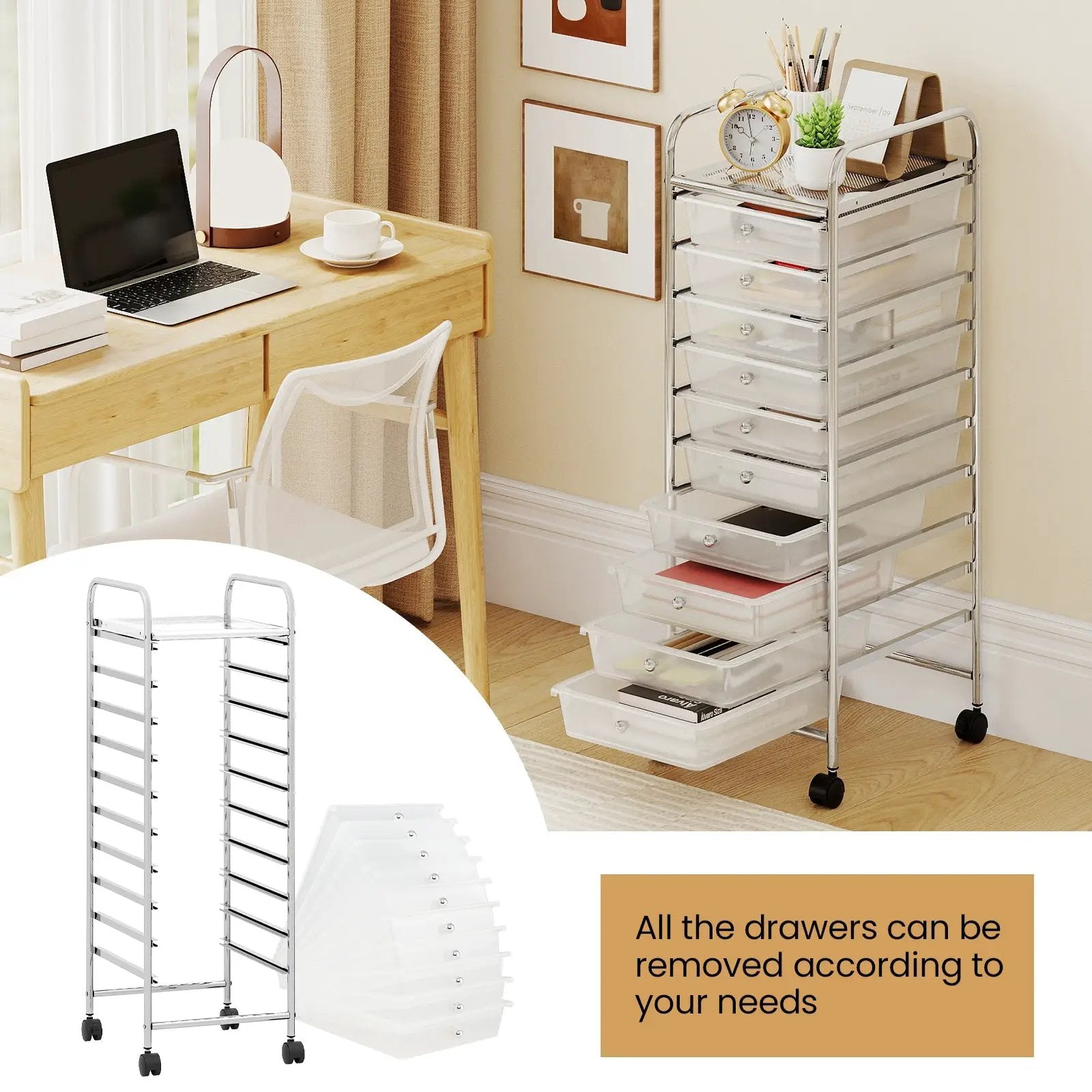 10-Drawer Rolling Storage Cart with Metal Frame and Lockable Universal Wheels by DirectDeals