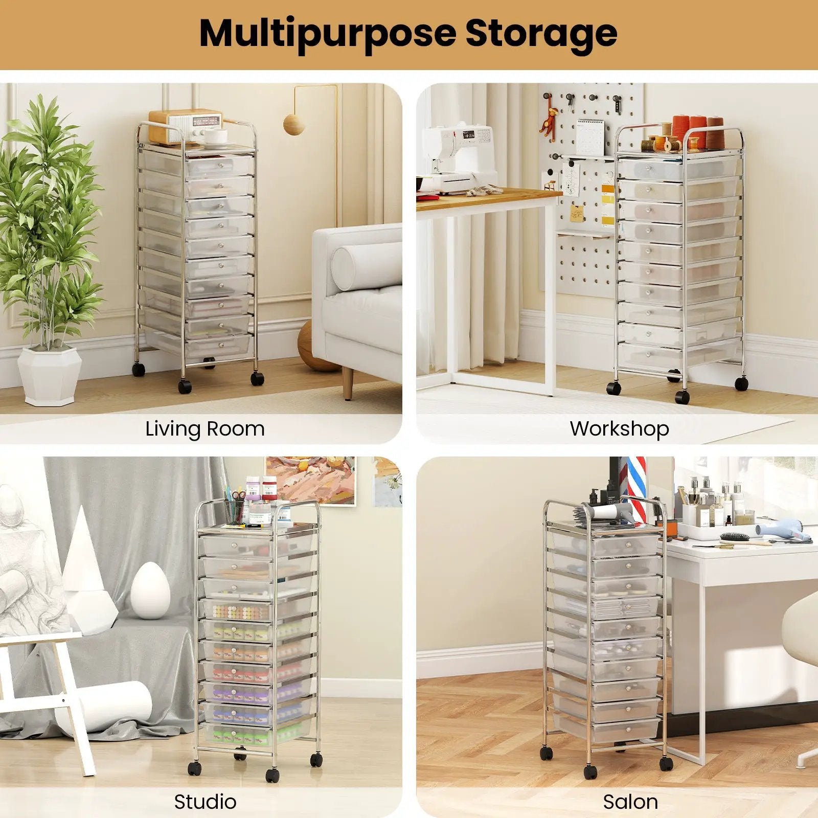 10-Drawer Rolling Storage Cart with Metal Frame and Lockable Universal Wheels by DirectDeals